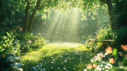 Fototapeta premium Sunny Garden Path, Lush Forest