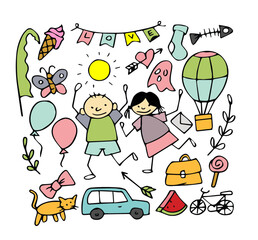 Vector illustration of Doodle cute for kid, Hand drawn set of cute doodles for decoration on white background.