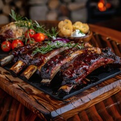 Photo of Delicious barbecue ribs with tomatoes and rosemary on wooden board