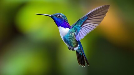 Fototapeta premium Close-up of a vibrant blue violet sabrewing hummingbird (campylopterus hemileucurus) hovering in midair with glittering feathers against a colorful, dark green tropical background