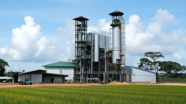 Grain feed area of a rice milling plant with hoppers and collection bins