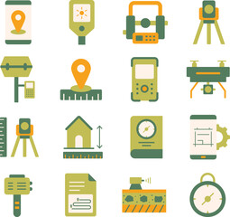 Geodetic Survey illustration set. Includes of surveying, land survey, GPS, mapping, topography, and More. Vector flat color collection