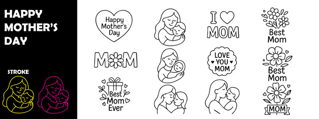 Happy Mother's Day Outline Vector &ndash; Hand Drawn Typography Design for Celebration
