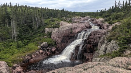 Serene waterfall cascading down rocks surrounded by dense greenery