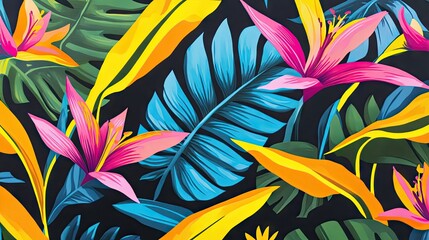 Vibrant tropical flower and leaf design on a dark background.