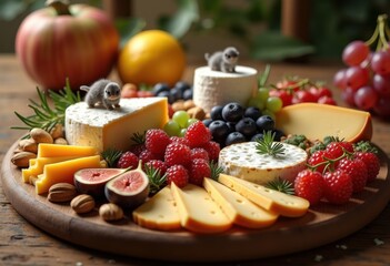 Obraz premium gourmet cheese spread artisan platter fresh fruits nuts elegant presentation delightful animal pairings, tasting, selection, variety, appetizer, cream