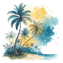 Watercolor tropical beach scene with palm trees summer vacation  illustration on transparent background