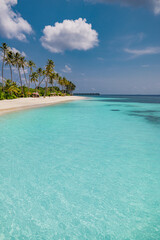 Relaxing artistic summer beach scene with palm shadows, pastel blue sky turquoise seascape. Tropical island landscape for dreamy escapes, creative visuals, tranquil vacation wallpaper. Sunny blue sky