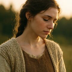 Young caucasian female in rustic clothing at sunset outdoors