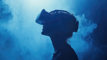 VR headset silhouette against a softly lit tech background
