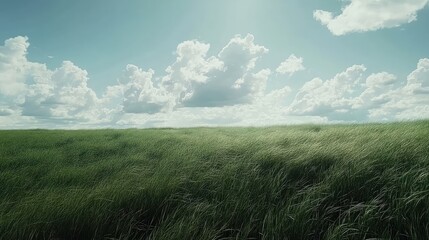 Windswept grassland under a wide, open sky with scattered clouds