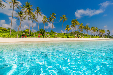 Beautiful tropical beach paradise with turquoise sea waves, soft white sand palm trees under summer sunlight sky. Perfect nature island escape exotic travel vacation dreams, relaxation tourism lovers