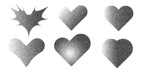 Hearts figures with grain noise gradient texture. Y2k retro stippling forms set. Differnt heart icons on white background. Vector gritty monochrome gradation shapes illustration.