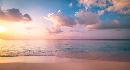 Serene close-up sand and gentle sea waves over the horizon stunning sunrise sunset sky clouds....