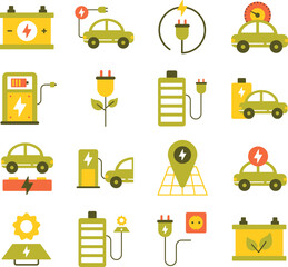 Electric Car illustration set. Includes of EV, electric vehicle, eco car, green vehicle, electric charging, charging station, and More. Vector flat color collection