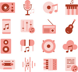 Music illustration set. Includes of musical note, sound, melody, song, audio, headphones, earphones, speaker, and More. Vector flat color collection