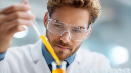 Scientist conducting laboratory experiment with pipette and test tube in modern laboratory setting, focused on chemical analysis and research work