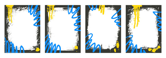 Grunge black frame template. Graffiti spray art layout backgrounds set. Borders with airbrush paint lines. Ink punk decor for photo. Retro texture posters overlay. Vector hip hop wall cadre.