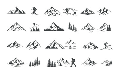 Fototapeta premium Set of mountain icons vector illustration with nature landscape symbols and peaks silhouette