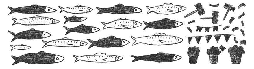 Fishes doodle set. Sardines hand drawn marker shapes. Santos populares festival set. Manjerico,hammer and fishes vector hand drawn Portugal traditional party elements.