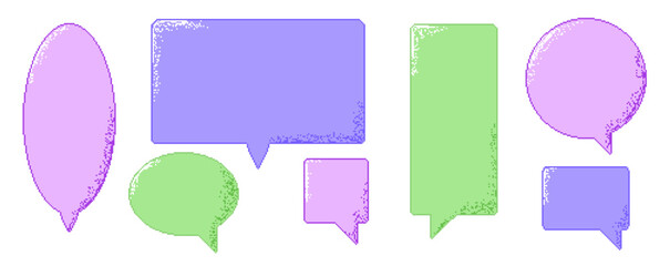 Pixel art color speech bubbles. 8 bit text boxes set. Rectangle and round chat frames with dithering. Dialogue borders icons in retro 90s style. Digital callouts borders. Vector illustration.