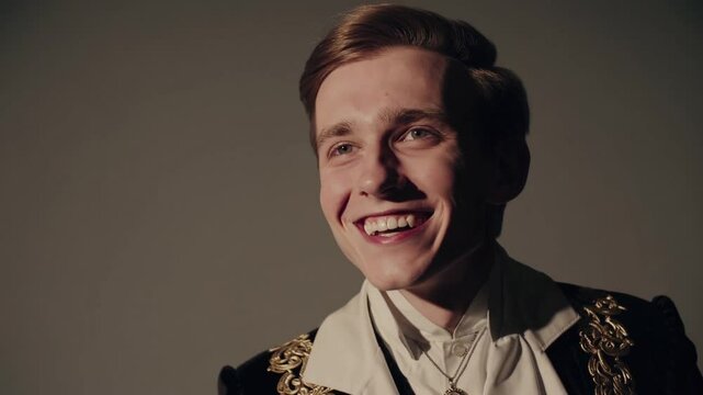 young handsome aristocrat stands motionless in the shadows, head tilted back in laughter, yet perfectly still &mdash; as if frozen in the echo of some untold delight.