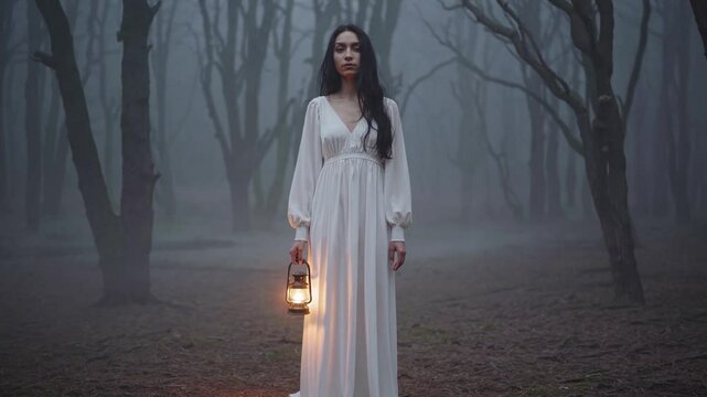 woman in a flowing white nightgown walks motionless through a mist-filled forest, holding a flickering lantern in one hand.