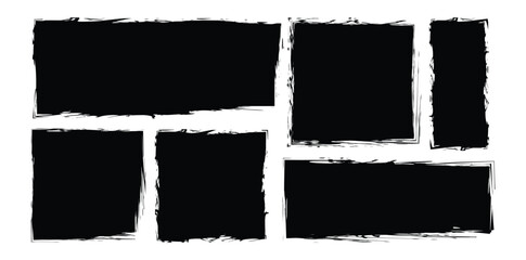 Set of Rectangle Brush stroke, paint brush, grunge box. Black square shapes with brush borders on white background. Vintage grunge boxes for collage, text, sticker, poster design.