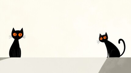 Duo of black cats with striking orange eyes, one elegantly stretching while the other gazes intently, set against a soft gradient backdrop.