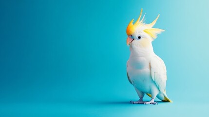 Adorable cockatiel parrot isolated on bright blue background with copy space, charming close-up of colorful pet bird featuring yellow crest and detailed plumage, ideal for avian-themed designs and ani