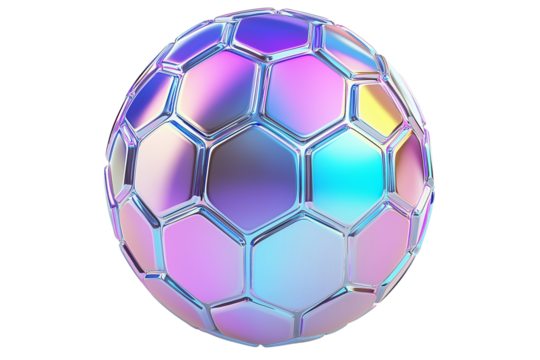 A futuristic, holographic 3D icon of a soccer ball, featuring smooth, reflective surfaces and a hexagonal pattern, isolated on white background. Perfect for sports, soccer, and technology themes