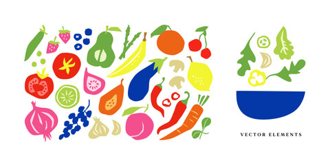 Assorted fruits and vegetables, organic vector illustration in flat minimal style