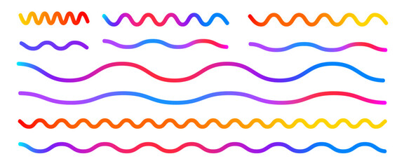Colorful gradient wavy lines set. Scallop zigzag abstract shapes collection. Decorative doodles. Vector gradations strokes. Creative long straight path isolated on white background.