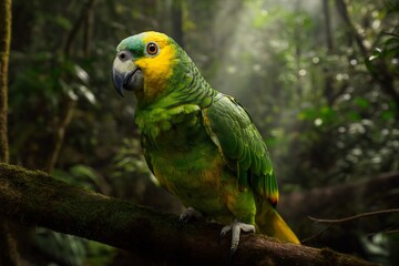 A vibrant parrot perched on a mossy branch in a lush forest.