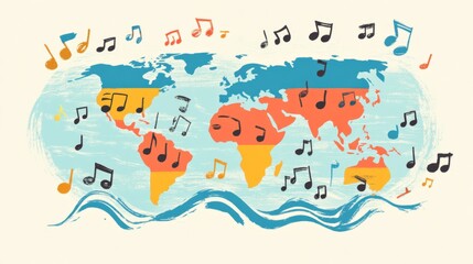 Vibrant world map adorned with dynamic music notes and flowing wave patterns, celebrating the harmony of global cultures and sound.