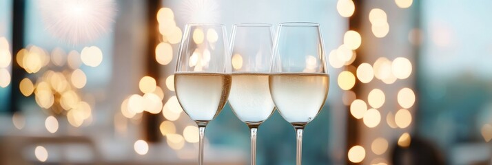 Midnight Toast Celebration, clinking champagne glasses, golden lights and fireworks, clock striking twelve, festive atmosphere, joyous occasion