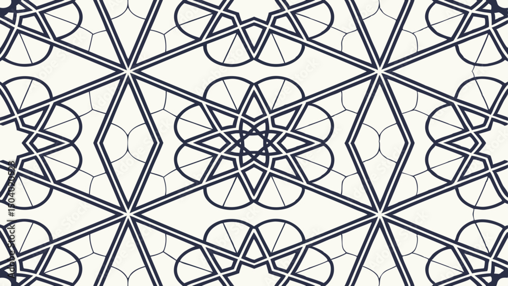 Poster geometric pattern featuring interlocking stars diamonds and semicircles in a repeating design layout
