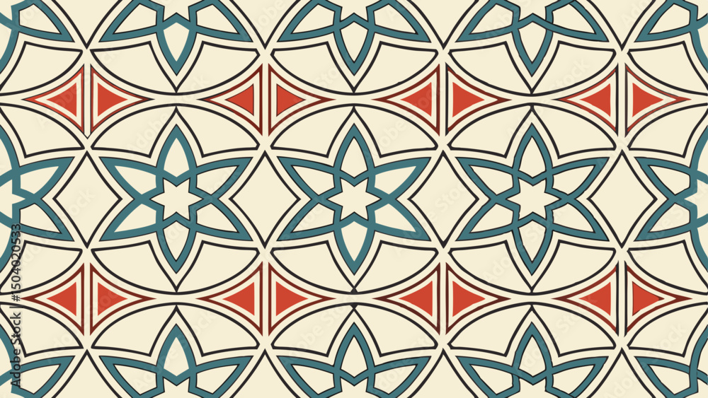 Poster repeating pattern of teal stars and red triangles on a cream background forming a geometric design c
