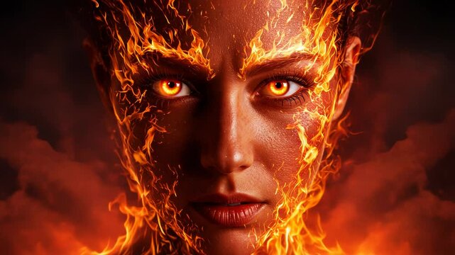 Intense Portrait of Woman Enveloped in Flames with Glowing Eyes Cinematic Visuals