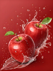 Red Apples with Water Droplets on Red Background
