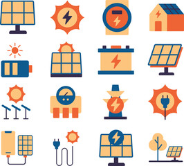 Solar Technology illustration set. Includes of solar energy, solar panel, renewable energy, green energy, sustainability, eco energy, sun power, and More. Vector flat color collection