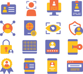 Identity illustration set. Includes of personal identity, user profile, ID card, fingerprint, face recognition, and More. Vector flat color collection