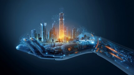 Fototapeta premium Futuristic city held in a robotic hand.