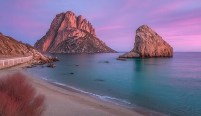 Cala d'Hort tropical Beach in the Balearic Islands, Espana, is a popular hangout spot where the magnificent view of Es Vedra rock is especially stunning during sunset