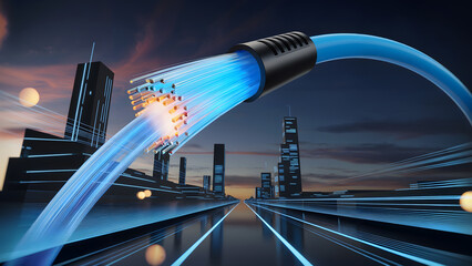 Stunning fiber optic cable exploding with light over a modern city, ideal for telecommunications advertising and network connectivity visuals