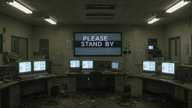 Retro Command Center Scene with Vintage Computers and 'Please Stand By' Message
