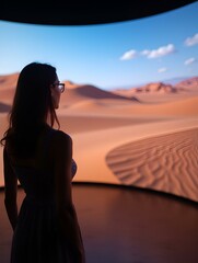 Woman admiring a desert landscape displayed on a large, curved video wall