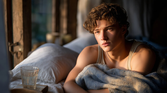 Young man with warm compress in bedroom for throat relief