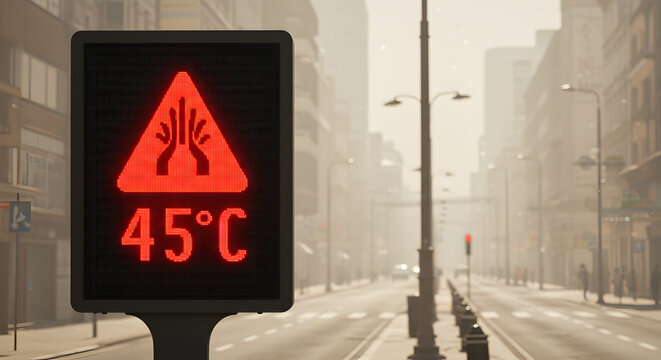 Extreme heat warning sign in urban environment showing high temperature of forty five degrees celsius - Powered by Adobe