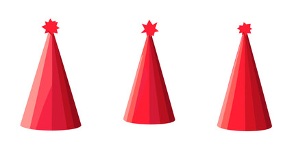Three Red Party Hats With Star on Top in Festive Celebration and Isolated on White Background For New Year and Christmas Holiday